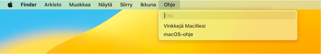 Työpöydän osa, jossa on Ohje-valikko avoinna ja jossa näkyvät Etsi- ja macOS-ohje-valikkokohdat.