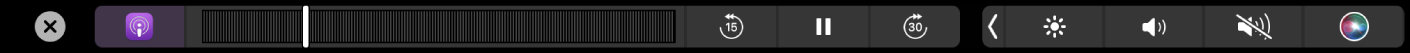 Podcastit-apin Touch Bar, jossa näkyy toistettava podcasti.
