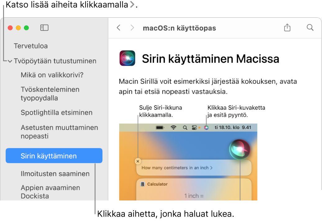 Ohje-katseluikkuna, joka havainnollistaa, miten sivupalkissa lueteltuja aiheita voi selata ja miten aiheen sisällön saa aukaistua.