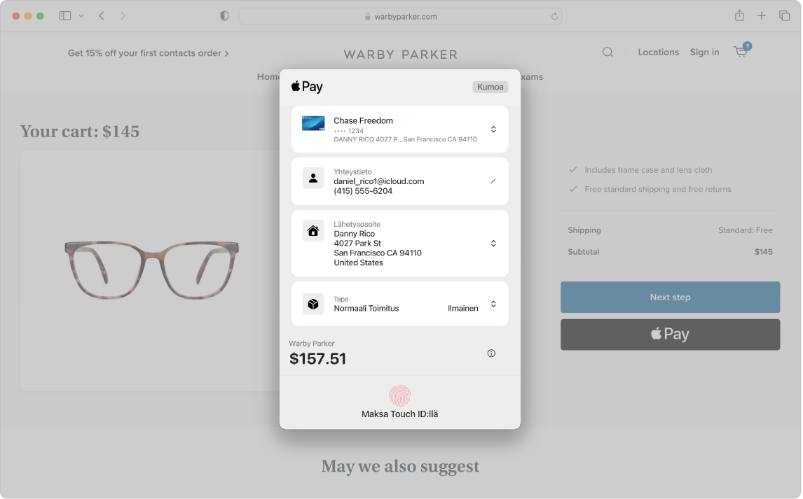 Macin näyttö verkko-ostoprosessista Apple Pay -vaihtoehdolla Safarissa.