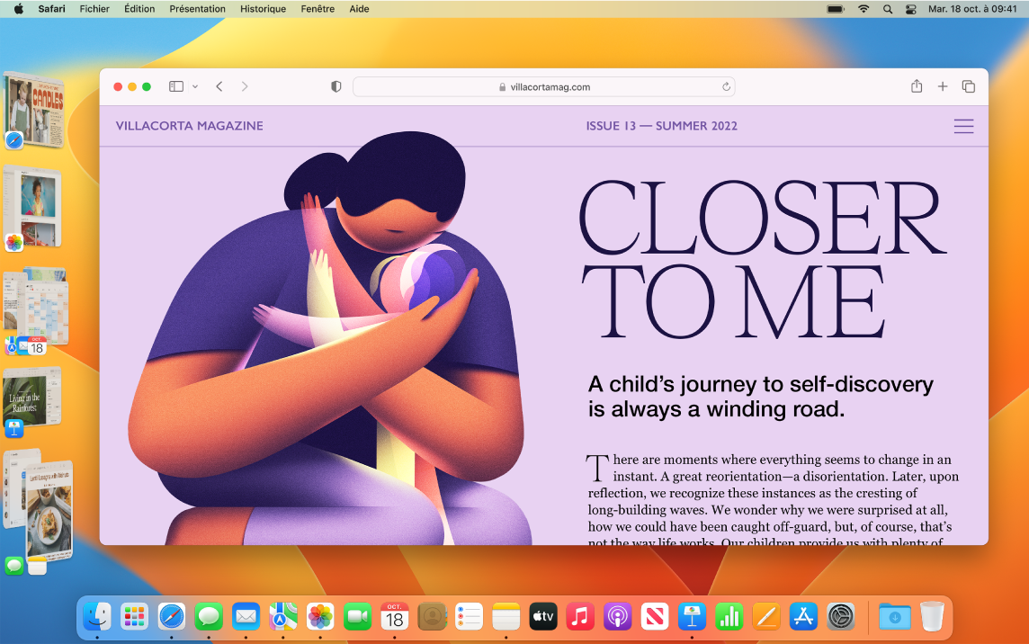 Écran affichant Safari au centre et d’autres apps ouvertes sur le côté gauche avec Stage Manager.