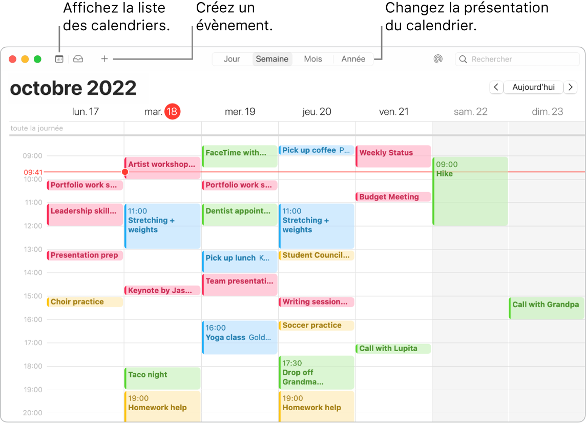 Une fenêtre de Calendrier affichant la liste des calendriers et indiquant comment créer un évènement et choisir une présentation par jour, par semaine, par mois ou par année.