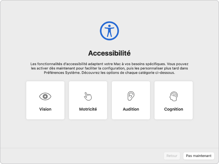 Écran d’un Mac affichant les options d’accessibilité dans Assistant réglages.