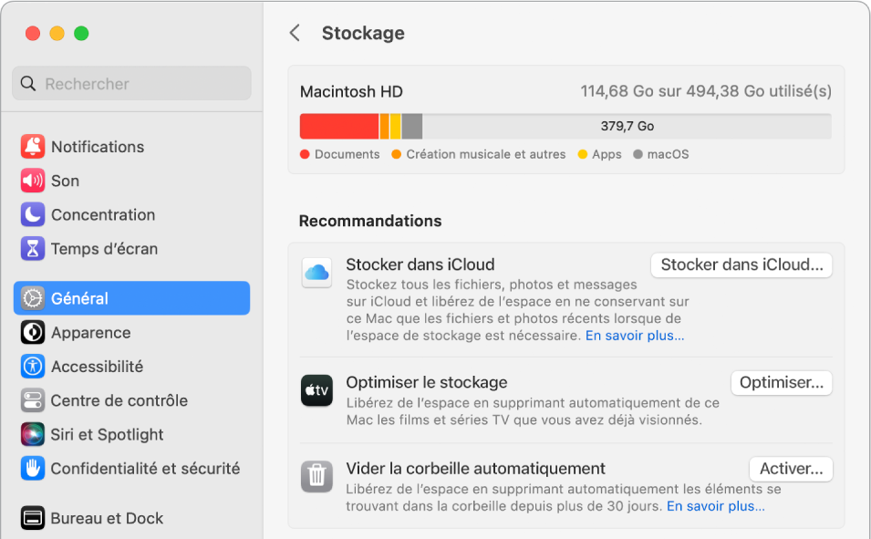 Les réglages Recommandations pour le stockage, présentant les options Stocker dans iCloud, Optimiser le stockage, et Vider la corbeille automatiquement.