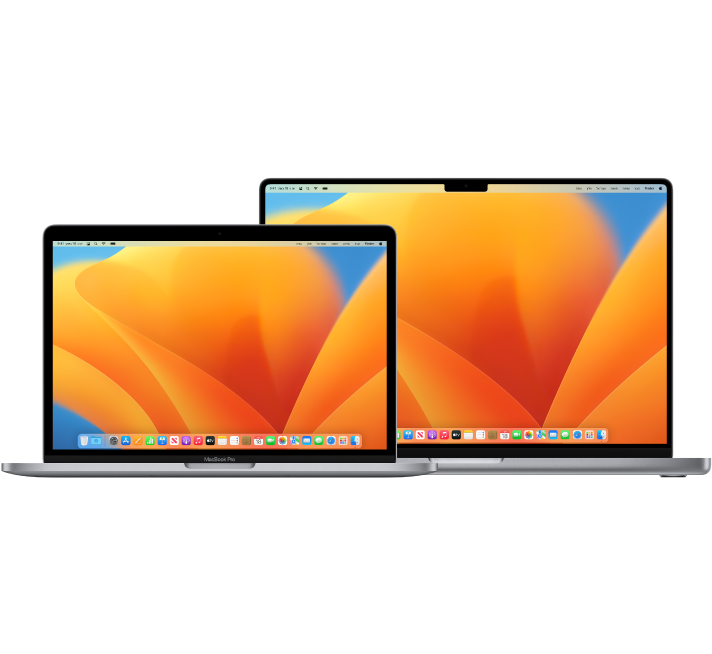 מחשב MacBook Pro בגודל 13 אינץ׳ לפני מחשב MacBook Pro בגודל 16 אינץ׳.