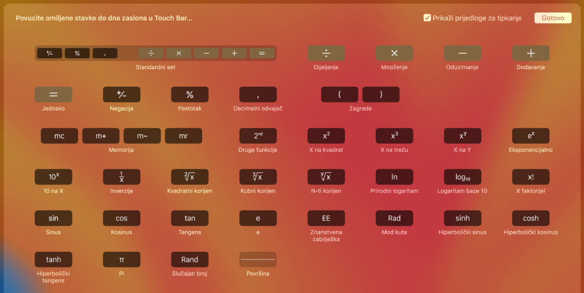 Stavke u Touch Baru Kalkulatora možete prilagoditi povlačeći ih u Touch Bar.