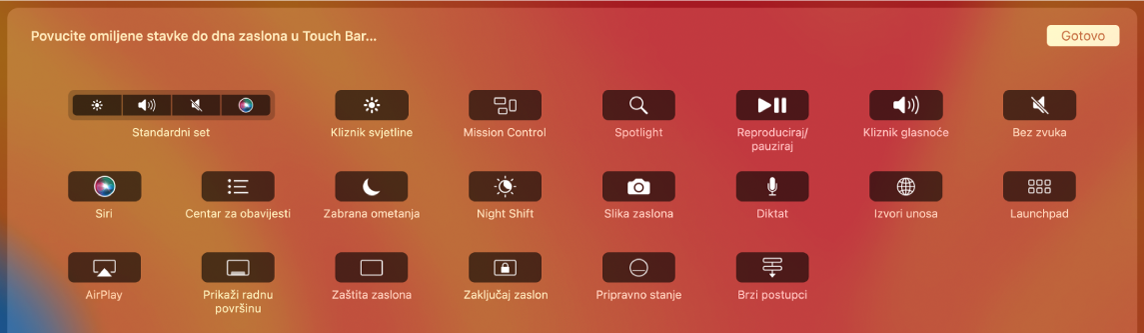 Stavke koje možete prilagoditi na Control Stripu povlačenjem u Touch Bar.
