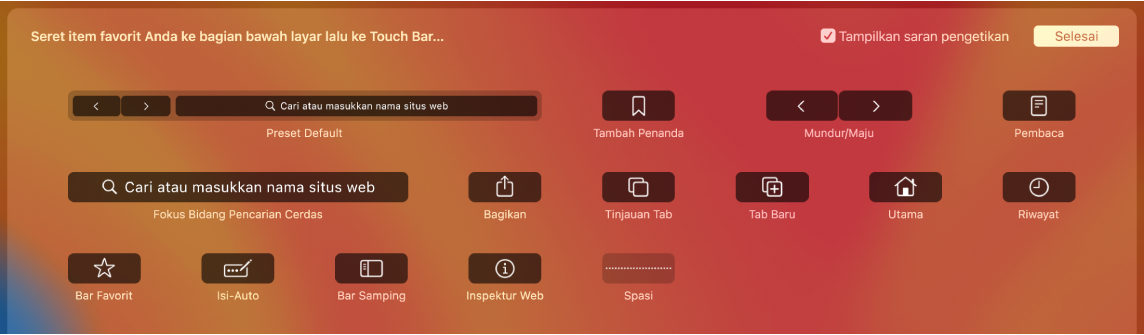 Pilihan Sesuaikan Safari yang dapat diseret ke Touch Bar.