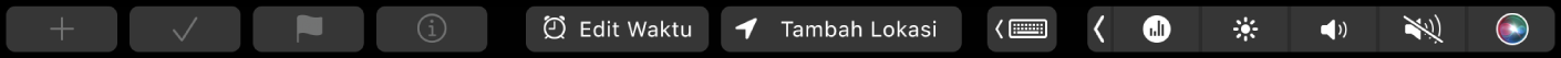 Touch Bar Pengingat dengan tombol untuk pengingat baru, centang, benderai, info, Edit waktu, dan Tambah Lokasi.