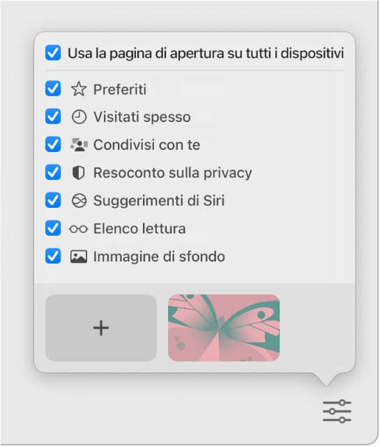 Il menu a comparsa “Personalizza Safari” con riquadri per Preferiti, “Visitati spesso”, “Condivisi con te”, “Resoconto sulla privacy”, “Suggerimenti di Siri”, “Elenco di lettura” e “Immagine di sfondo”.