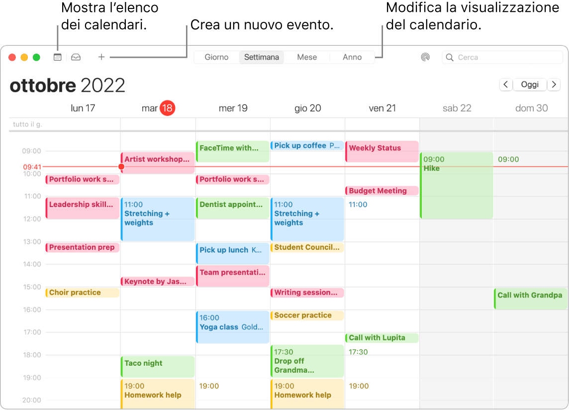 Una finestra di Calendario che mostra l'elenco dei calendari, come creare un evento e come scegliere la vista Giorno, Settimana, Mese o Anno.