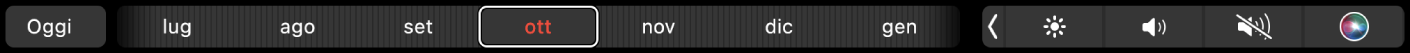 La Touch Bar di Calendario con il pulsante Oggi e un cursore per selezionare un mese.