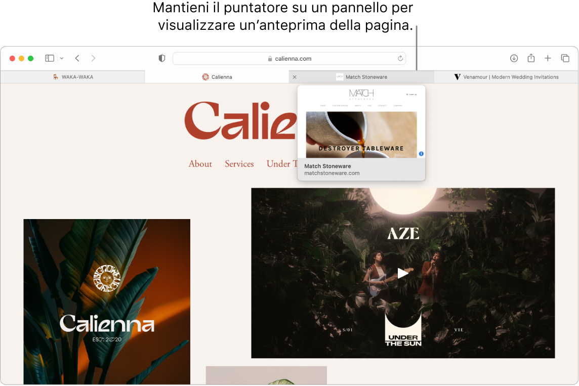 Una finestra di Safari con una pagina web attiva chiamata Calienna, insieme a 3 schede aggiuntive e una didascalia di un'anteprima del pannello “Match Stoneware” con il testo “Tieni fermo il puntatore su un pannello per visualizzare un'anteprima della pagina web”.