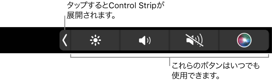 デフォルトのTouch Barの画面の一部。常に使用できる輝度、音量、消音のボタンを含む、折りたたまれたControl Stripが表示されています。展開ボタンをタップすると、Control Strip全体が表示されます。