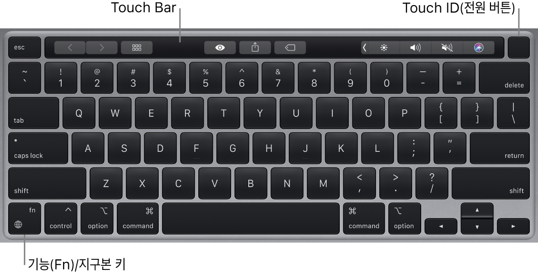 상단 전체에 있는 Touch Bar 및 Touch ID(전원 버튼) 및 키보드의 왼쪽 하단 모서리에 있는 기능(Fn) 키/지구본 키를 보여주는 MacBook Pro 키보드.
