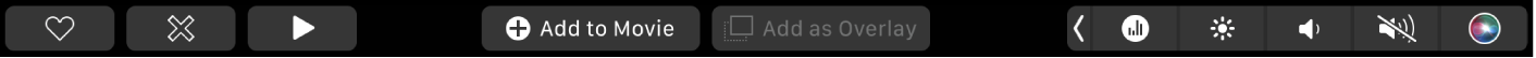 Rodomi programai „iMovie“ pritaikytos „Touch Bar“ mygtukai, skirti leisti, įtraukti į filmą ir įtraukti kaip užklojamąjį vaizdo įrašą.