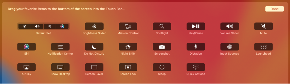 Elementai, kuriuos galite individualizuoti juostoje „Control Strip“, nuvilkdami juos į „Touch Bar“.