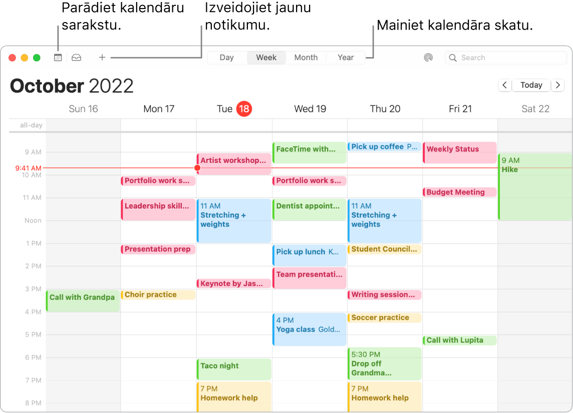 Lietotnes Calendar logā redzams kalendāru saraksts, kā izveidot notikumu un izvēlēties skatu Day, Week, Month vai Year.
