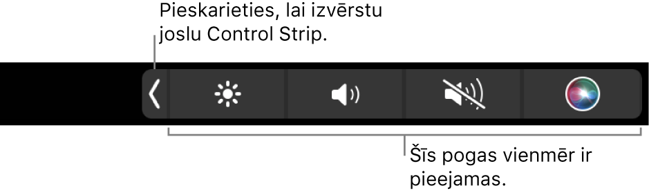 Daļējs ekrāns ar noklusējuma Touch Bar, kurā redzama sakļauta josla Control Strip ar pogām, kuras ir pieejamas vienmēr: Spilgtums, skaļums un izslēgta skaņa. Pieskarieties izvēršanas pogai, lai skatītu pilnu Control Strip.