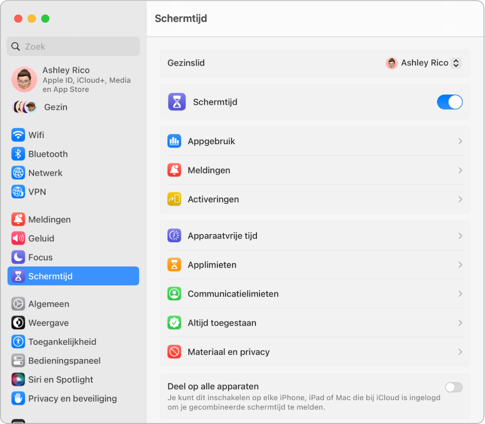 Een venster met schermtijdinstellingen, met opties voor appgebruik, meldingen en activeringen, evenals opties voor het beheer van schermtijd, zoals het inplannen van apparaatvrije tijd en limieten voor apps en communicatie.