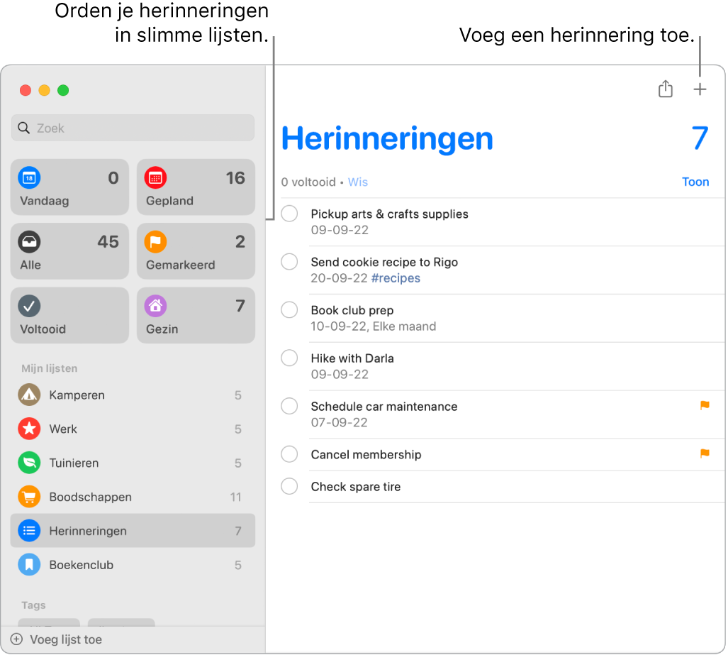 Een Herinneringen-venster met slimme lijsten aan de linkerkant en daaronder andere herinneringen en lijsten. De aanwijzer staat in een herinnering. Je ziet bijschriften voor de slimme lijsten en de knop 'Voeg een nieuwe herinnering toe'.