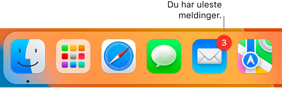 En del av Dock som viser Mail-appsymbolet med et merke som viser antallet uleste meldinger.