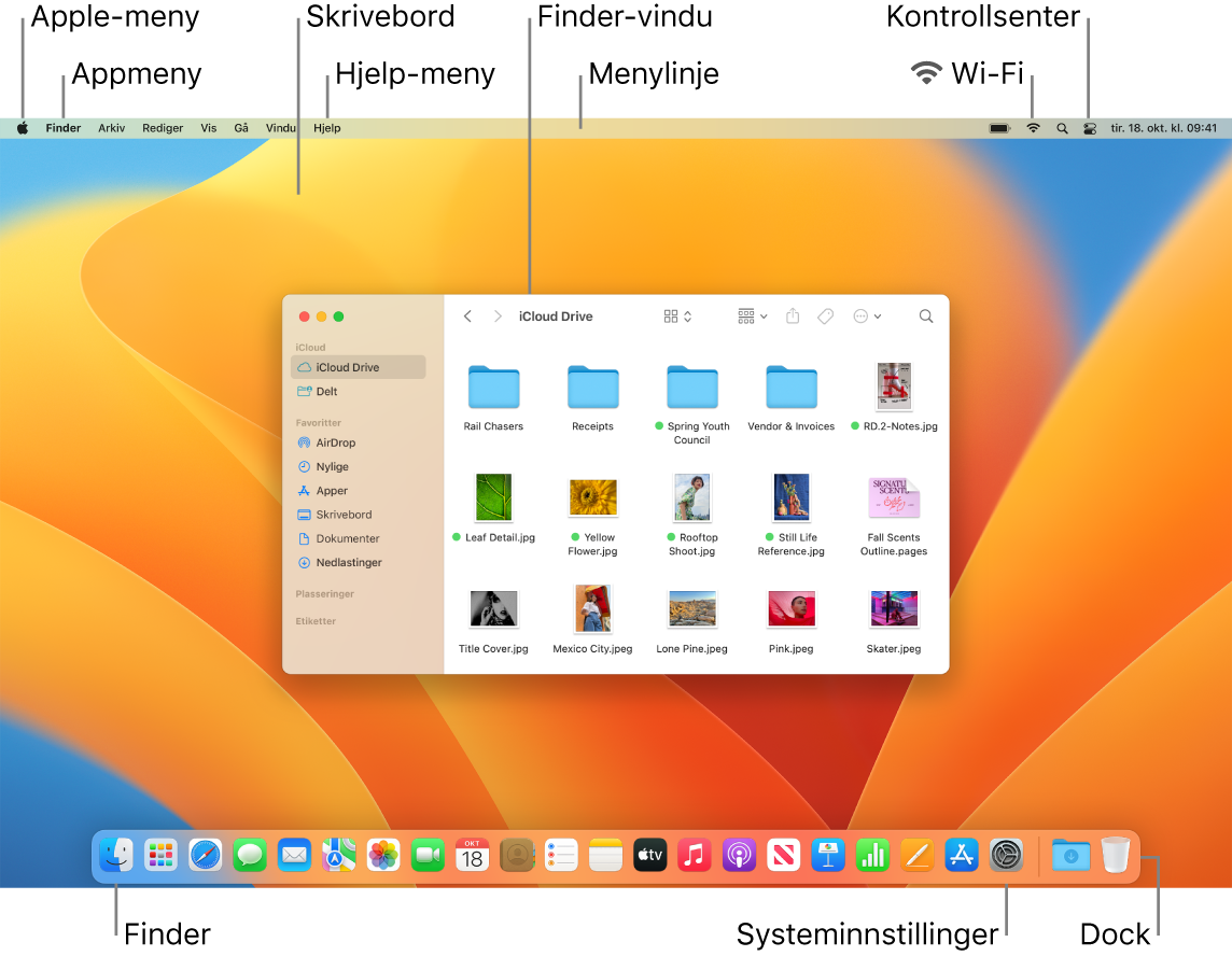 En Mac-skjerm der følgende elementer vises: Apple-menyen, Apper-menyen, skrivebordet, Hjelp-menyen, et Finder-vindu, menylinjen, Wi-Fi-symbolet, Kontrollsenter-symbolet, Finder-symbolet, Systeminnstillinger-symbolet og Dock.
