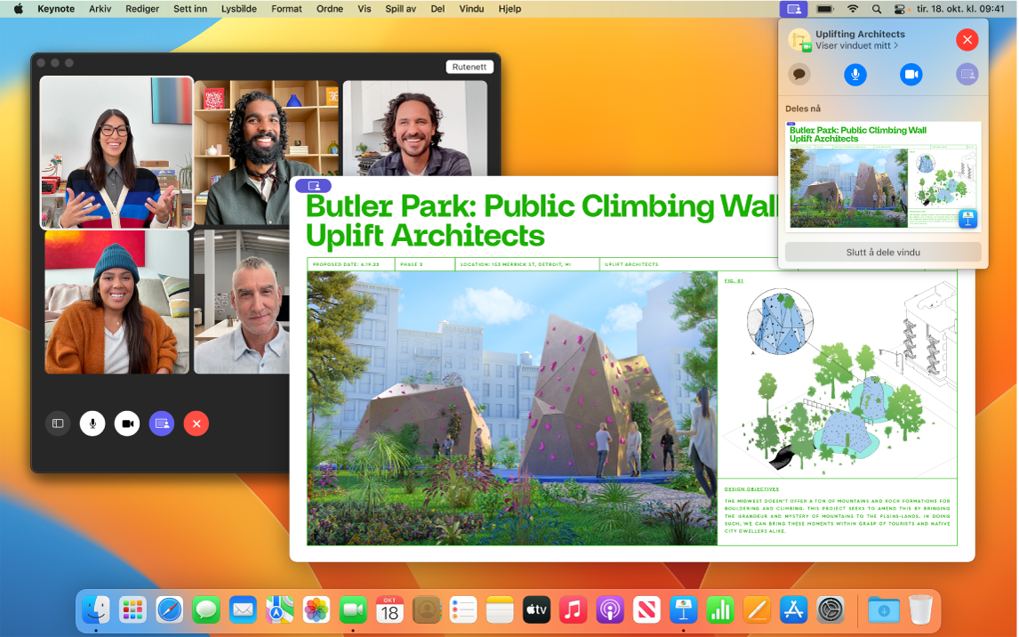 En appdelingsopplevelse med en gruppe FaceTime-deltakere, et åpent Keynote-vindu som de ser, og et mindre vindu med SharePlay-kontrollene.