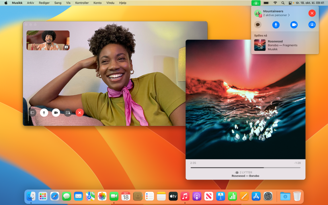 En delt lytteopplevelse med lyttere i FaceTime-vinduet og et Musikk-appvindu som spiller av en sang.