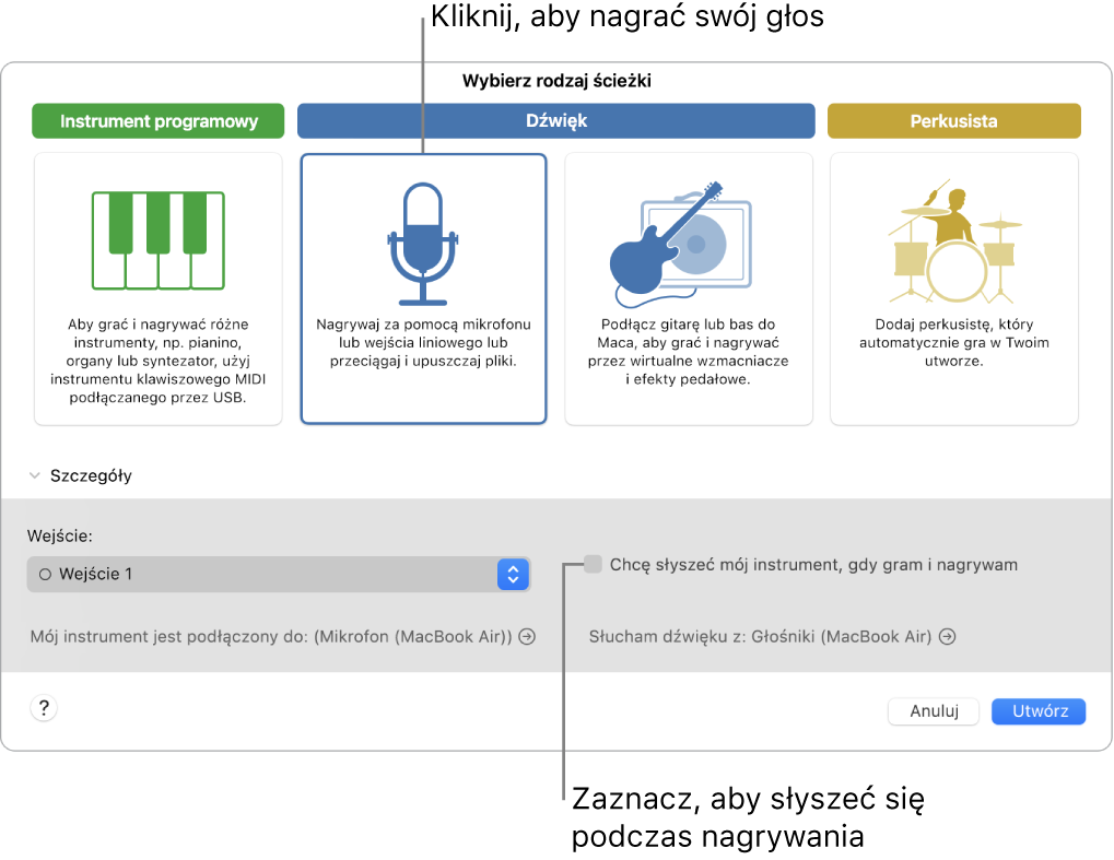 Panel instrumentów w aplikacji GarageBand z opisami opcji narywania głosu oraz opcji pozwalającej słyszeć siebie podczas nagrywania.