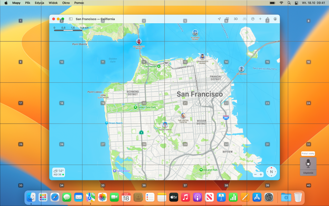 Aplikacja Mapy otworzona na Biurku z nałożoną siatką.