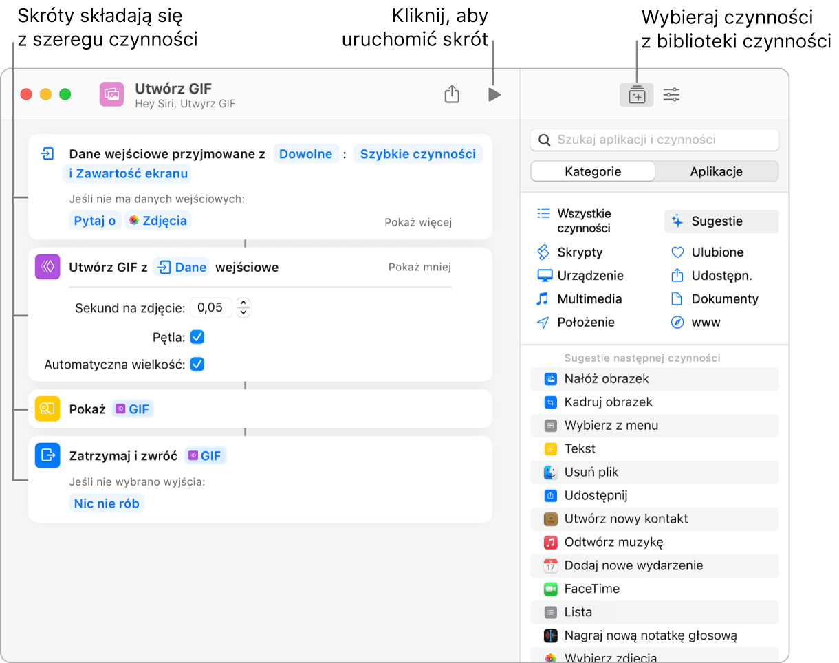 Edytor skrótu Utwórz obrazek GIF po lewej oraz biblioteka czynności po prawej.