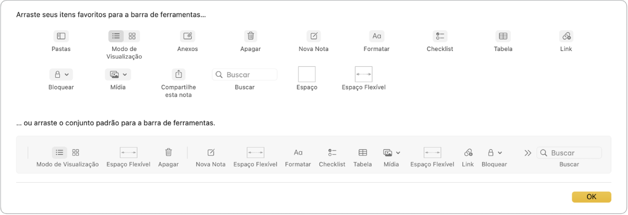 Janela do Notas mostrando as opções de personalização da barra de ferramentas disponíveis.