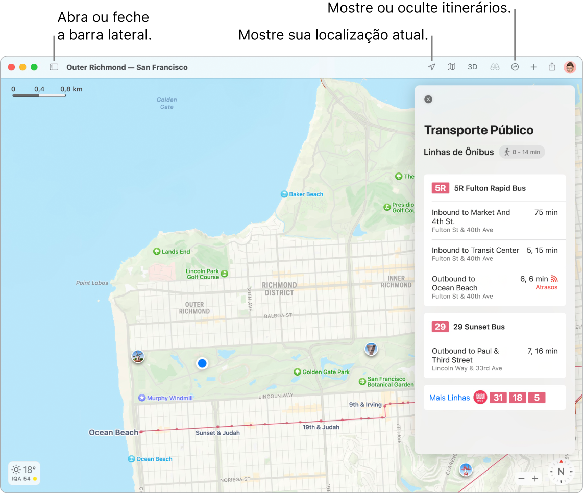 Uma janela do app Mapas mostrando como clicar em um destino na barra lateral para obter itinerários, como abrir e fechar a barra lateral, e como encontrar sua localização atual no mapa.