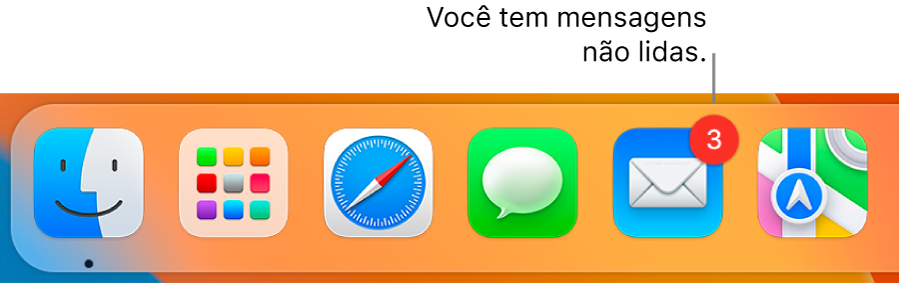 Seção do Dock exibindo o ícone do app Mail, com um aviso indicando o número de mensagens não lidas.