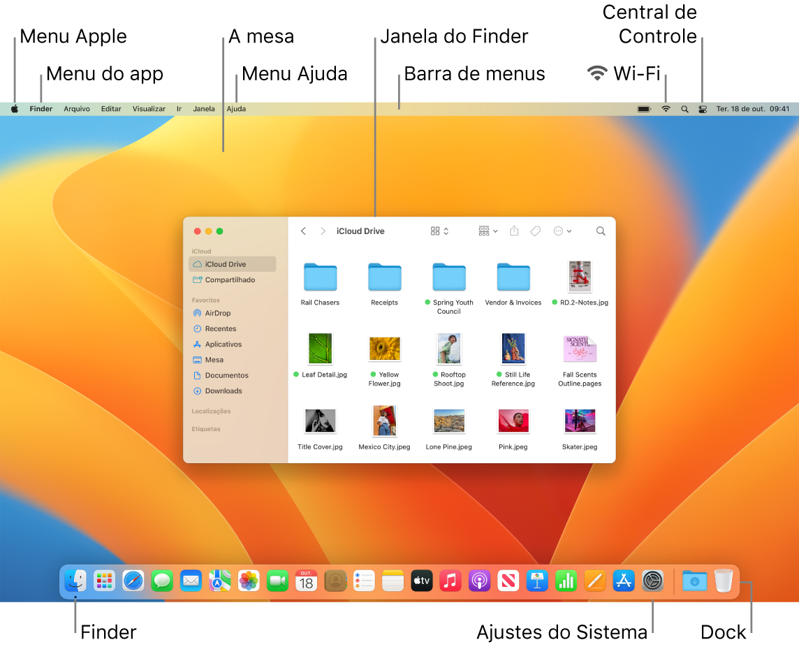 Tela do Mac mostrando o menu Apple, o menu do app, a mesa, o menu Ajuda, uma janela do Finder, a barra de menus, o ícone de Wi-Fi, o ícone da Central de Controle, o ícone do Finder, o ícone dos Ajustes do Sistema e o Dock.