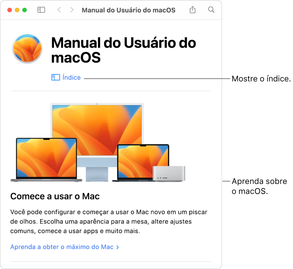 Página de boas-vindas do Manual do Usuário do macOS mostrando o link Índice.