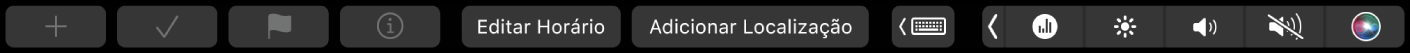 Touch Bar do app Lembretes com botões de novo lembrete, marcar, sinalizar, informações, Editar Horário e Adicionar Localização.