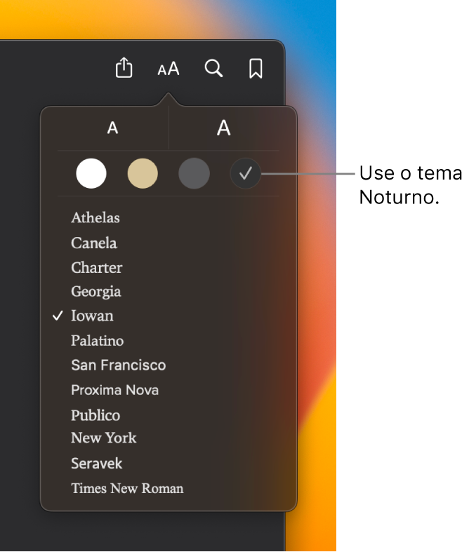 Uma janela do app Livros mostrando o menu Aparência.