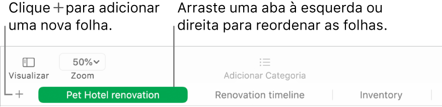 Janela do Numbers mostrando como adicionar uma nova folha e como reordenar as folhas.