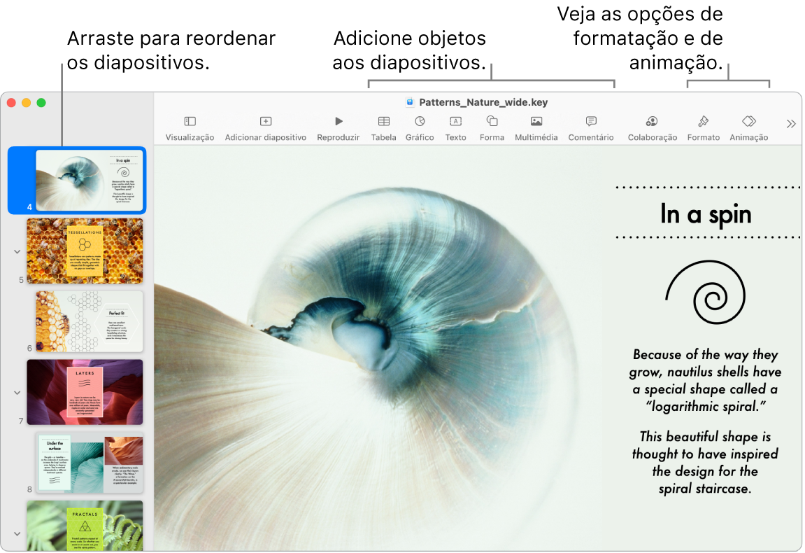 Uma janela do Keynote a mostrar o navegador de diapositivos à esquerda e como reordenar diapositivos, a barra de ferramentas e as respetivas ferramentas de edição na parte superior, o botão Colaborar na parte superior direita e os botões Formato e Animação à direita.