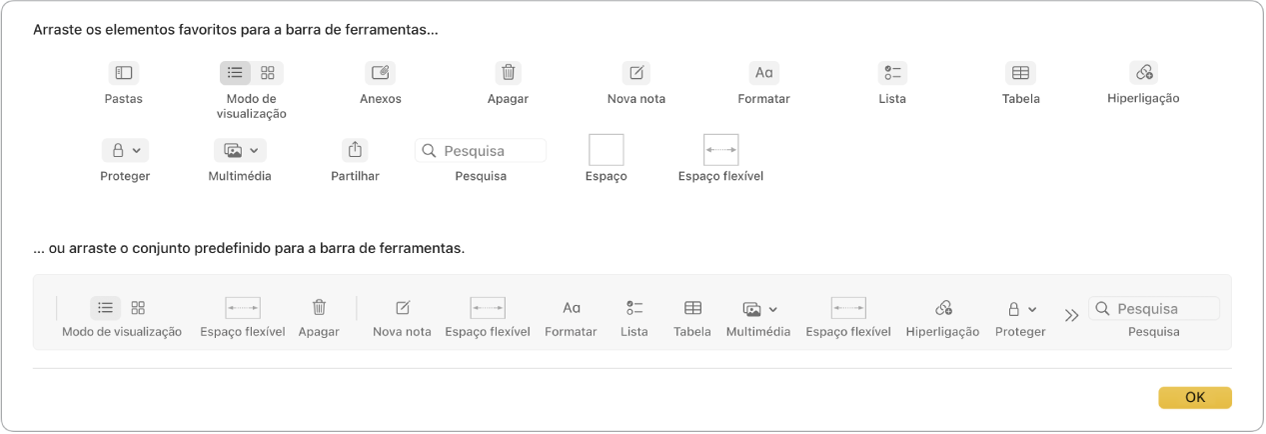 Uma janela da aplicação Notas a mostrar as opções de personalização da barra de ferramentas que estão disponíveis.