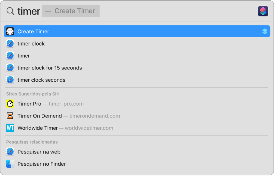 Uma pesquisa do Spotlight por “temporizador”, a mostrar resultados para usar a ação “Criar temporizador”.