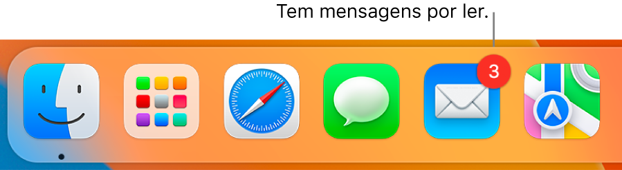 Uma secção da Dock a mostrar o ícone da aplicação Mail com um emblema, a indicar o número de mensagens não lidas.