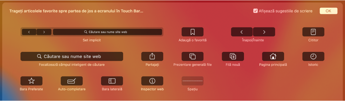 Opțiunile de personalizare Safari ce pot fi trase pe Touch Bar.