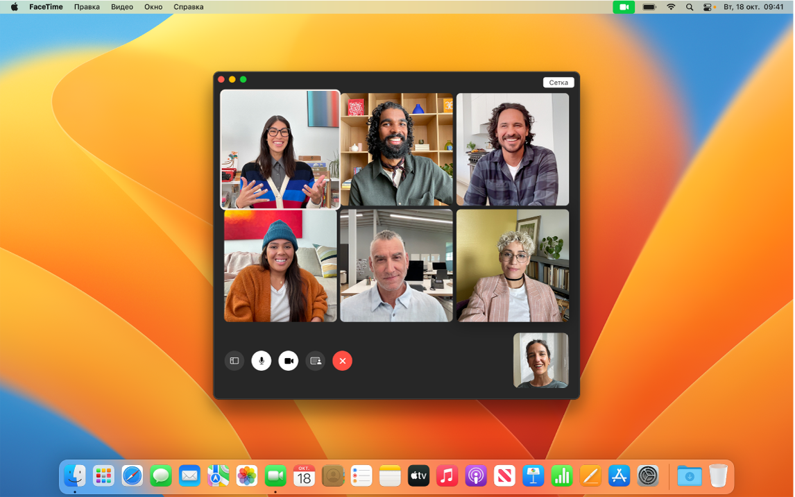 Окно FaceTime, в котором видна группа приглашенных пользователей.