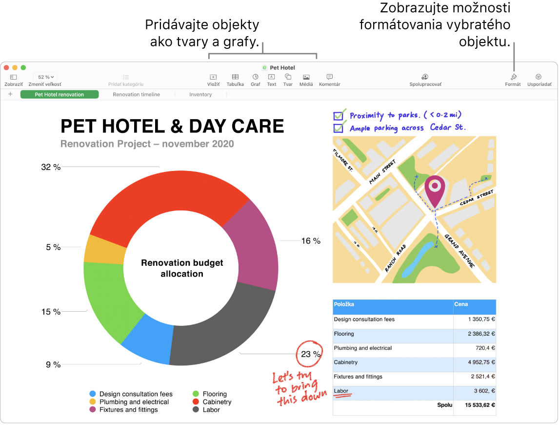 Okno Numbers znázorňujúce panel s nástrojmi a nástroje na úpravu v hornej časti, tlačidlo Spolupracovať vpravo hore a tlačidlá Formát a Organizovať na pravej strane.