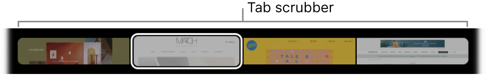 Vrstica za upravljanje zavihkov v vrstici Touch Bar brskalnika Safari. Prikaže manjši predogled vseh odprtih zavihkov.