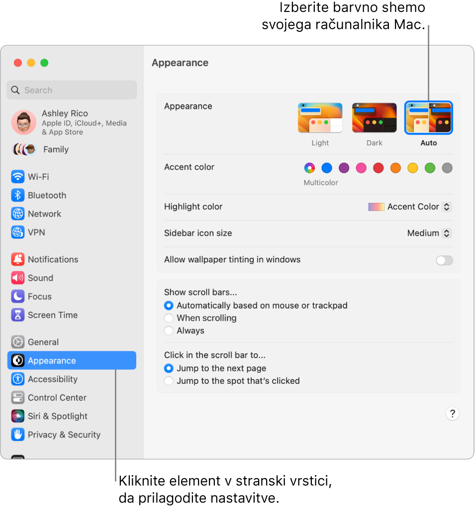 Okno Appearance v možnosti System Settings.