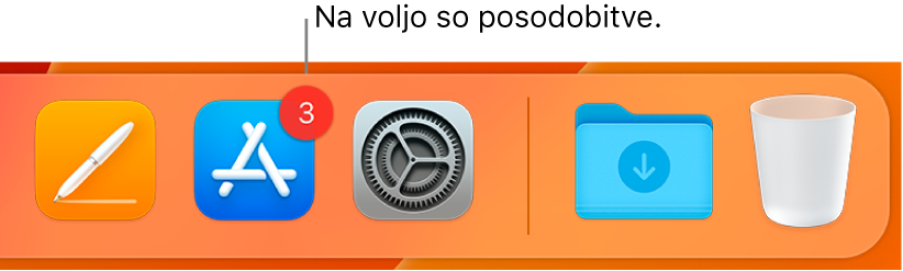 Del vrstice Dock, ki prikazuje ikono trgovine App Store z značko, kar pomeni, da so na voljo posodobitve.